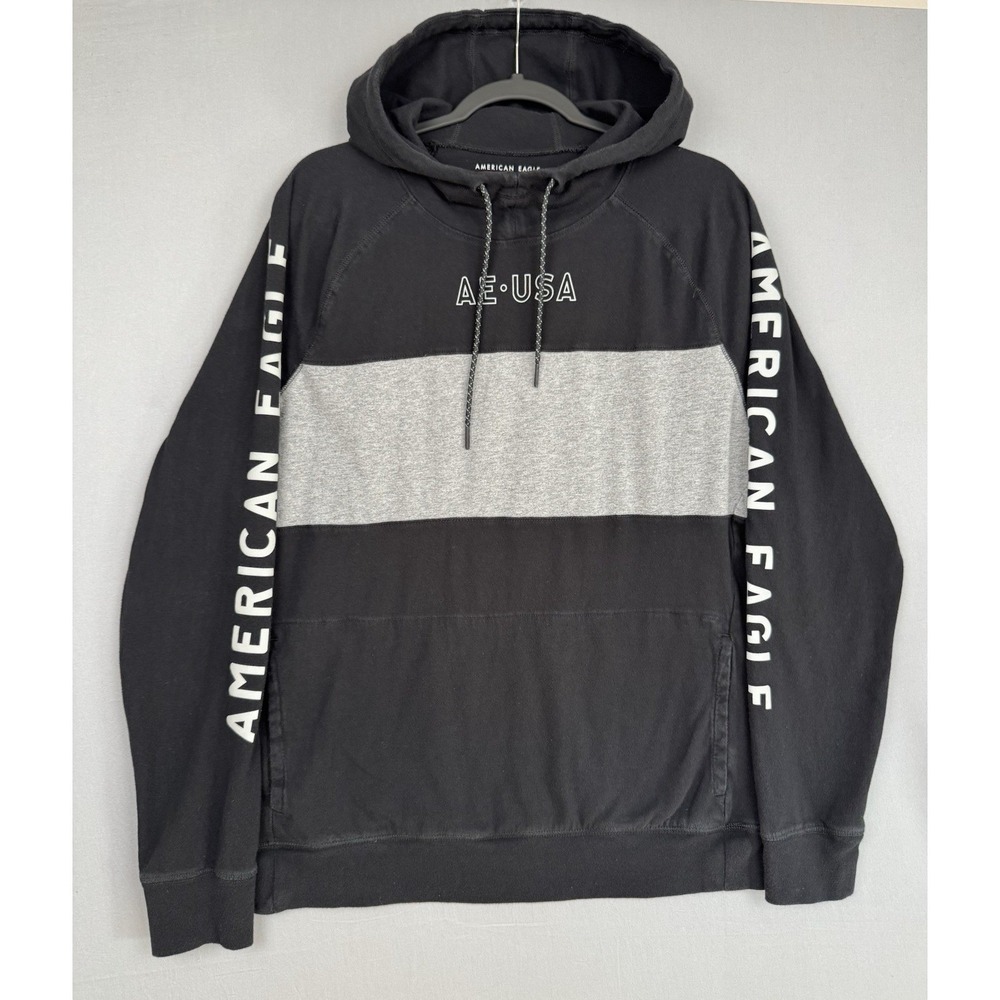 American Eagle Hoodie Mens Large Black Gray Pullover Sweatshirt Performance Logo